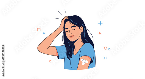Smiling young woman looks at a bandage on her arm after receiving a medical injection or vaccine in this health care illustration.