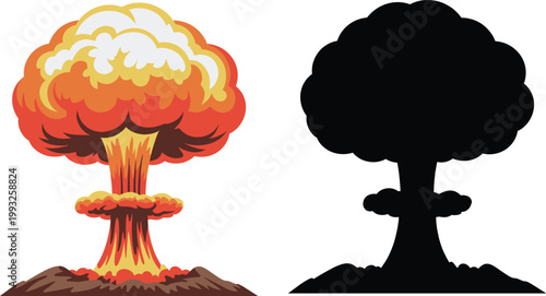 Nuclear Mushroom Cloud Explosion Vector with Comic Style Illustration and Black Silhouette