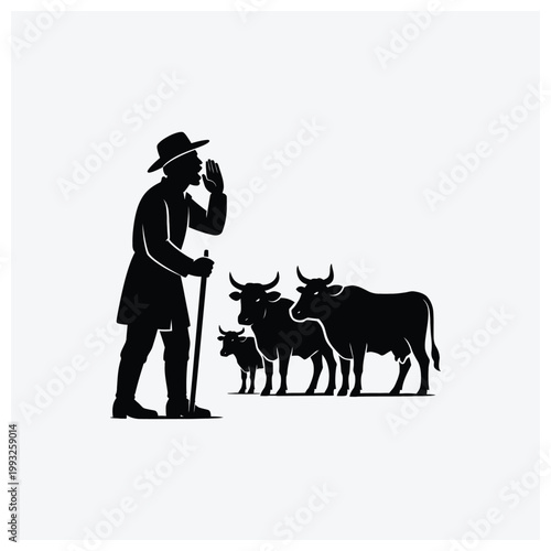 Silhouette illustration of a shepherd with a staff standing with a small group of cattle.