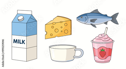 Group of basic food and drink items including a milk carton, a wedge of cheese, a whole fish, a strawberry smoothie, and a cup.