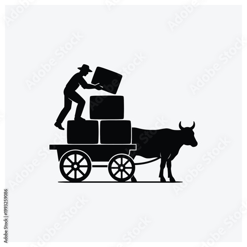 Silhouette of worker loading goods onto an ox-drawn cart