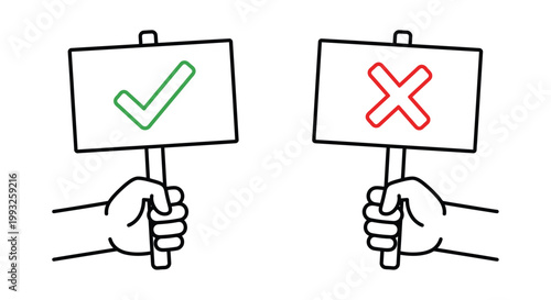 Hands holding signs with a checkmark and an x symbol