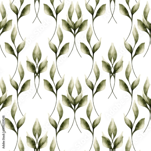 Watercolor design of green leaves with seamless pattern for wrapping paper and backgrounds
