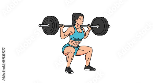 Fitness woman, weightlifting, squat exercise, gym workout, athletic female