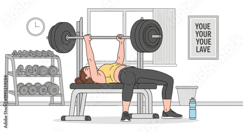 Fitness woman lifting weights, gym workout, exercise illustration, weightlifting, bench press