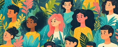 Diverse Group of People in Lush Tropical Foliage - Illustrated Portrait