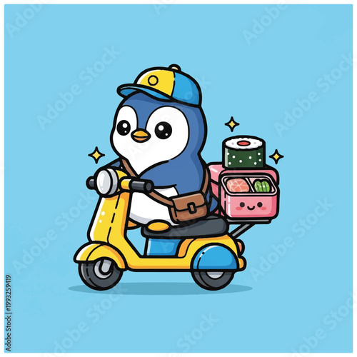 Cartoon Penguin Riding Yellow Scooter.
