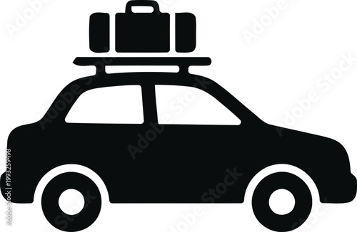 Vector illustration of a silhouette car with luggage and suitcase on the roof rack.