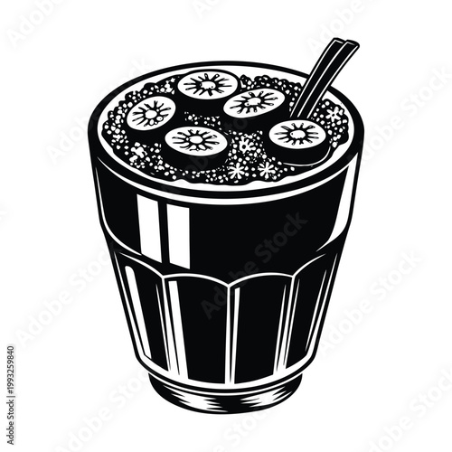 Black and white soda cup, fizzy drink illustration, cold beverage vector, monochrome glass