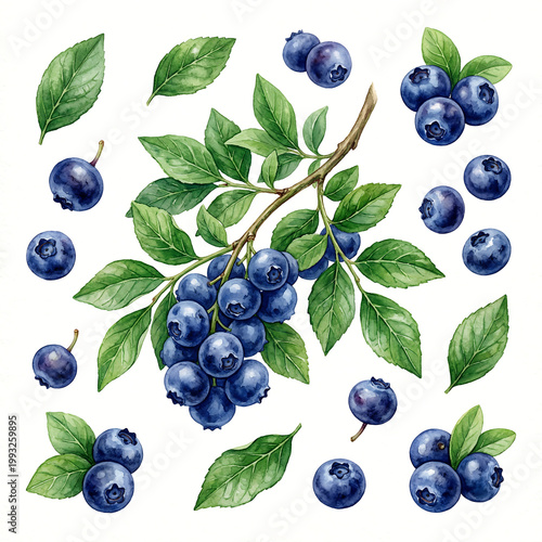 Watercolor illustration set of fresh blueberries and leaves