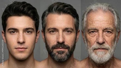 Multiple male faces age from youth to old age, displaying hair color changes and wrinkles