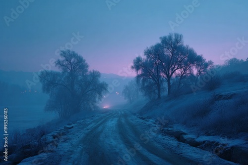 Misty winter road at dawn with frost covered trees