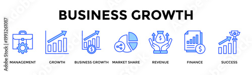 Business Growth  Banner Web  Icon Set Collection Pack Vector Illustration Concept Containing Management, Growth, Business Growth, Market Share, Revenue, Finance, Success