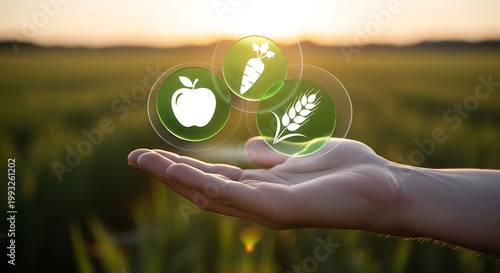 Sustainable agriculture icons over hand in sunset field
