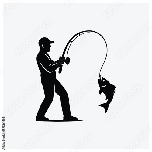 Black silhouette of man fishing with a line and a caught fish.