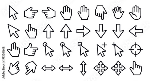 Collection of diverse white outline cursor and hand sign icons