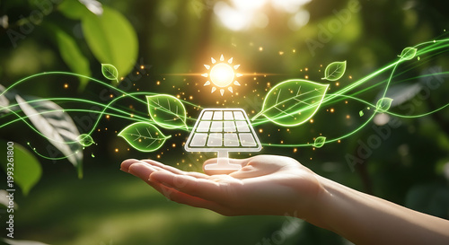 Solar panel icon with glowing sun and green leaves over hand
