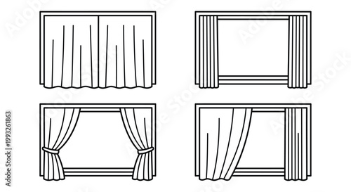 Line art illustrations of four different window curtain arrangements