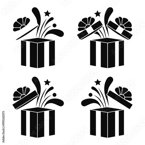 Four black gift boxes opening with confetti and stars on white background icon