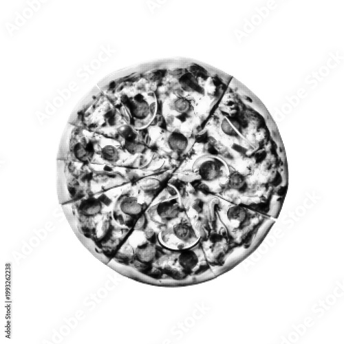 Black and white halftone illustration of pizza with slices and toppings, minimal food concept with retro dot texture and graphic style.