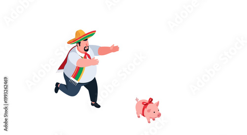 Mexican Man Chasing Piggy Bank, Symbolizing Financial Pursuit.
