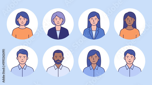 Diverse group of eight circular avatar illustrations featuring men and women of different ethnicities against a blue background.