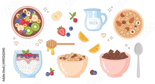 Obraz na płótnie A vibrant, top-down illustration showcasing a delightful assortment of breakfast cereals, fruits, and dairy, perfect for a healthy morning meal