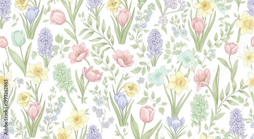 Spring garden floral seamless pattern with tulips narcissus and hyacinth flowers in pastel colors.