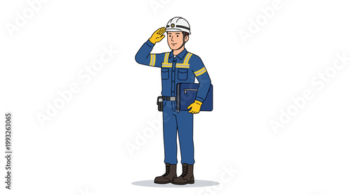 Cartoon construction worker in blue overalls with safety helmet, reflective stripes, and gloves saluting.
