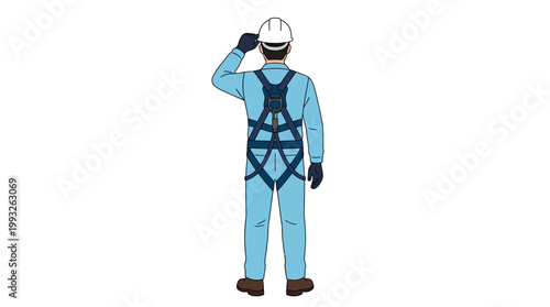 Illustration of a construction worker in blue coveralls wearing a safety harness and hard hat, standing and adjusting his helmet.