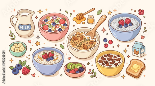 A delightful collection of various breakfast cereals, fruits, milk, and toast, presented in a charming, illustrative style.