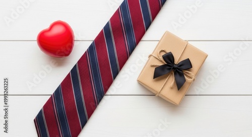 Father's day gift ideas tie heart and present on white wood background