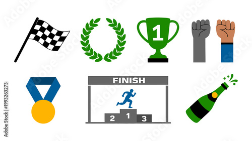 Collection of sports victory icons and symbols for winners and champions in various activities