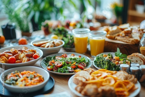 Vibrant Breakfast Spread with Fresh Produce and Juices