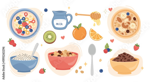 A vibrant collection of breakfast cereals, fruits, and dairy products, showcasing a healthy and delicious start to the day.