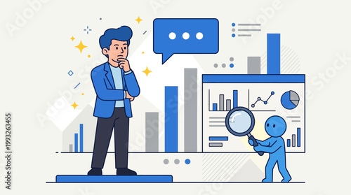 Professional business analyst reviewing data analytics charts with a researcher examining dashboards in a cityscape