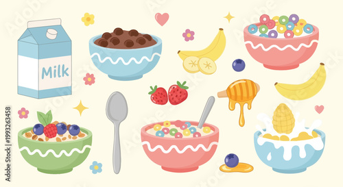 A vibrant and cheerful collection of breakfast cereal bowls, fresh fruit, milk, and honey, presented in a playful, illustrative style.