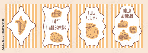 Set of autumn greeting cards with corn, cake, pumpkin, candle, yarn, and thanksgiving message in warm vintage style