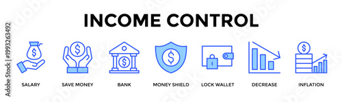 Income Control  Banner Web  Icon Set Collection Pack Vector Illustration Concept Containing Salary, Save Money, Bank, Money Shield, Lock Wallet, Decrease, Inflation