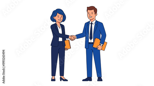 Two professionals in blue business suits shaking hands after a deal, holding folders and celebrating a partnership