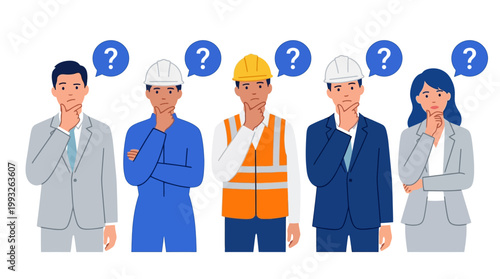 Diverse team of professionals and construction workers in a collaborative discussion, showing uncertainty with question marks above their heads during project planning