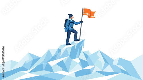 Climber planting an orange flag on a jagged ice summit in an adventure illustration, symbolizing achievement and perseverance