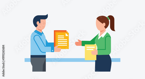 Illustration of a man hands a document to a woman across a table in a business setting