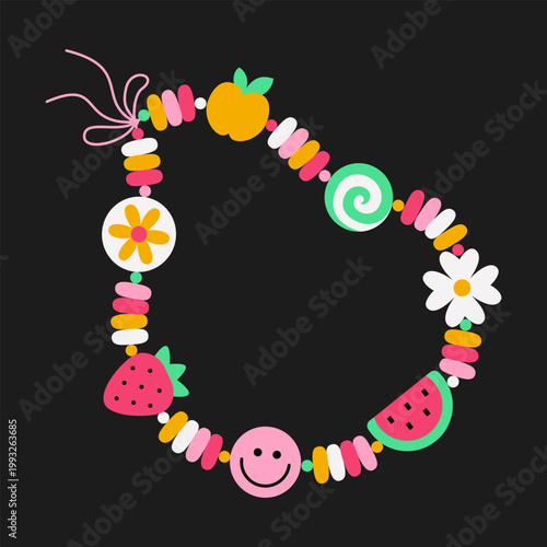 Colorful kawaii bracelet of fruits, flowers, pink smile element on black background, cute friendship jewelry design, modern flat graphic style. Playful summer Y2K nostalgic EPS 10 vector illustration