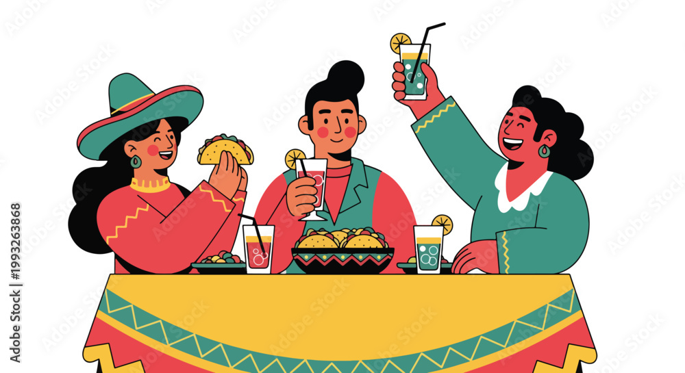Fototapeta premium Flat style vector illustration of friends enjoying tacos and drinks at festive table, representing Cinco de Mayo celebration, Mexican food culture, and social gathering atmosphere