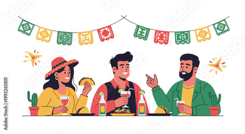 Flat style vector illustration of friends enjoying tacos and drinks at festive table, representing Cinco de Mayo celebration, Mexican food culture, and social gathering atmosphere
