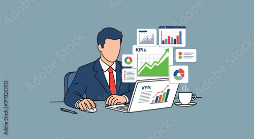 Illustration of a businessman in a suit analyzes financial data and key performance indicators on a laptop, surrounded by charts and graphs, signifying datadriven decision making