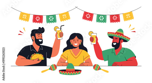 Flat style vector illustration of friends enjoying tacos and drinks at festive table, representing Cinco de Mayo celebration, Mexican food culture, and social gathering atmosphere