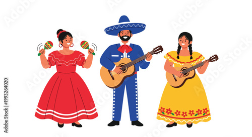 Flat style vector illustration of mariachi band performing with instruments and traditional outfits, representing Mexican culture, live music, and festive Cinco de Mayo celebration