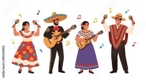 Flat style vector illustration of mariachi band performing with instruments and traditional outfits, representing Mexican culture, live music, and festive Cinco de Mayo celebration